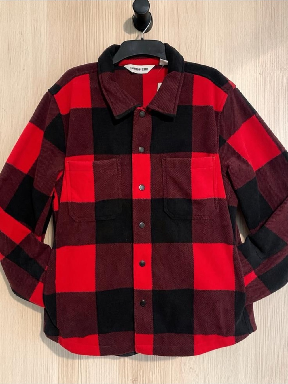 NWT Lands End Shirt Jacket Mens Anyweather Fleece Snap Front Buffalo Plaid Sz M